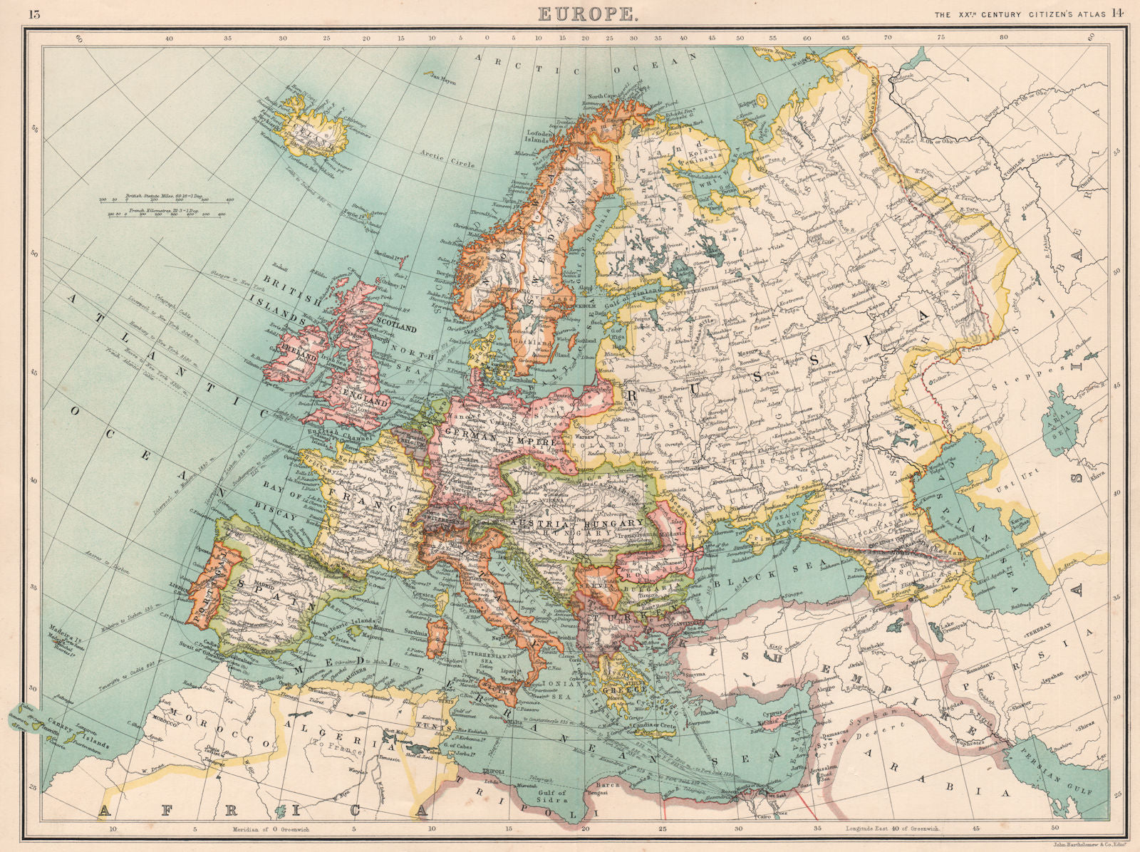 EUROPE. Political map. Shipping routes. Telegraph cables. BARTHOLOMEW 1901